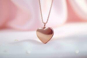 AI generated Delicate shiny heart shaped necklace on a minimalist pink background. Generative AI photo