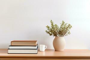AI generated A desk plant with a stack of books on a table. Generative AI photo