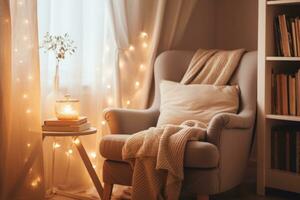 AI generated Reading corner with a comfortable chair and a stack of books. Cozy hygge interior. Generative AI photo