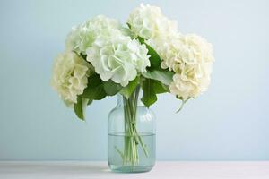 AI generated Beautiful summer bouquet of white hydrangeas in a vase. Generative AI photo