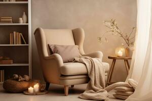 AI generated Reading corner with a comfortable chair and a stack of books. Cozy hygge interior. Generative AI photo