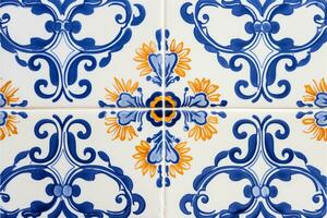 AI generated Traditional ornate portuguese decorative tiles. Colorful vintage ceramic tiles. Mosaic wall with square tiles. Generative AI photo