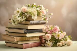 AI generated Stack of books adorned with fresh flowers. Concept of relaxation and reading. Generative AI photo