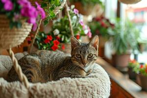 ai generado gato en mascota cama cerca un soleado ventana con colgando cestas de primavera flores generativo ai foto