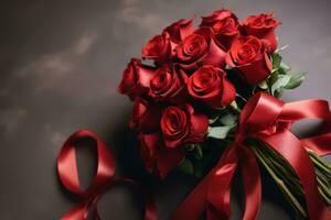 AI generated Bouquet of red roses tied with a red ribbon. Generative AI photo