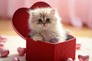 AI generated Little adorable cat and a heart shaped gift box. Generative AI photo