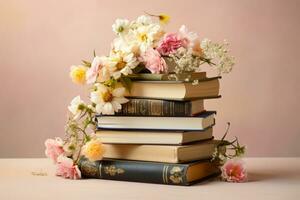 ai generado apilar de libros adornado con Fresco flores concepto de relajación y lectura. generativo ai foto