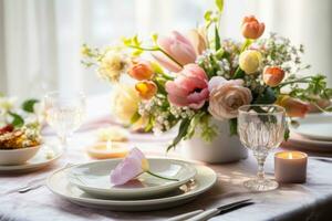 AI generated A table setting with a warm and inviting atmosphere. Beautiful romantic elegant floral decor in pink colors. Generative AI photo