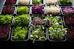 AI generated Microgreen farm. The microgreen in plastic containers. Germination of seeds at home. Generative AI photo