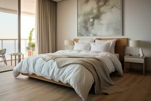 AI generated Modern bedroom with a pillow top bed and linen linens. Generative AI photo