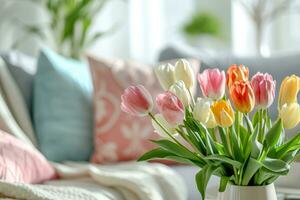 AI generated Living room with pastel colored pillows and fresh tulips on the table. Spring decor concept. Generative AI photo