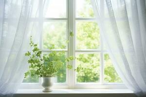 ai generado verde interior planta por el ventana con un translúcido blanco cortina. generativo ai foto