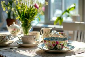 AI generated Dining table set with floral tableware on sunny light background. Generative AI photo