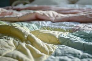 AI generated Colorful pastel colored quilted blanket on a bed. Generative AI photo