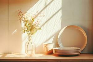 AI generated Clean dishes and utensils on kitchen counter. Set of clean tableware. Generative AI photo