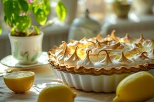 AI generated Lemon meringue pie on plate with fresh lemons on background. Generative AI photo