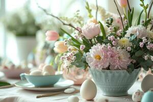 AI generated Easter eggs and flowers. Floral composition surrounded by Easter decor. Generative AI photo