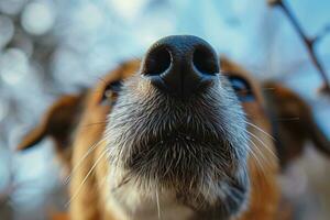 AI generated Closeup of a dog's nose with a blurred spring landscape in the background. Cute pet. Generative AI photo