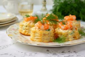 AI generated Vol au vent with shrimp and sauce. Puff pastry stuffed with cream cheese and prawns. Generative AI photo