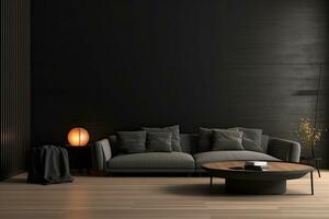 AI generated Modern living room interior in dark colors. Design dark sofa, table and decor. Generative AI photo