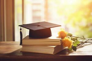 ai generado graduación sombrero y apilar de estudiar libros en un de madera mesa. educación, escuela, graduación y conocimiento concepto. generativo ai foto