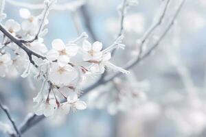 AI generated Tree branch with blossoms on a snowy day. A winter blossom with glistening frost. Generative AI photo