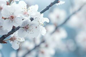 AI generated Tree branch with blossoms on a snowy day. A winter blossom with glistening frost. Generative AI photo