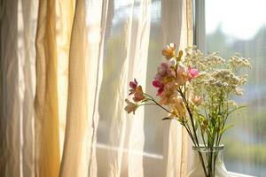 AI generated Pastel colored curtain and vase with spring flowers on sunny background. Generative AI photo