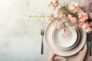AI generated A table setting with a warm and inviting atmosphere. Beautiful romantic elegant floral decor in pink colors. Generative AI photo