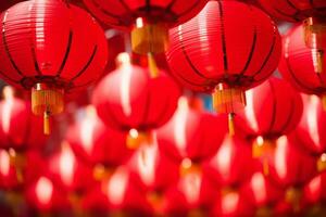 AI generated Rows of vibrant red lantern decoration for Chinese new year festival. Generative AI photo