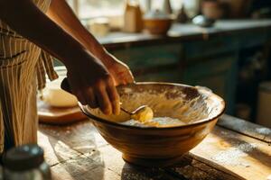 AI generated Baker's hands mixing batter in a bowl. Cooking at home concept. Generative AI photo