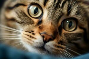 AI generated Cat's face with expressive eyes. Pets and lifestyle concept. Generative AI photo