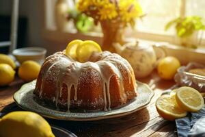 AI generated Classic lemon pound cake with powdered sugar glaze. Generative AI photo