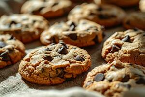 AI generated Closeup of chocolate chip cookies. Cookies background. Generative AI photo