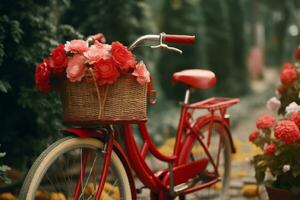 AI generated Vintage red bicycle with flowers in its basket. Generative AI photo