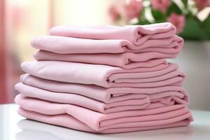AI generated Stack of soft pink microfiber cloths for housekeeping and cleaning. Generative AI photo