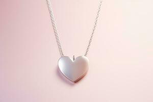 AI generated Delicate shiny heart shaped necklace on a minimalist pink background. Generative AI photo