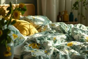 ai generado dormitorio con botánico impresión lecho en verde y amarillo tonos primavera concepto. generativo ai foto