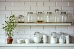 AI generated Open kitchen shelves with various ceramic jars. Kitchen interior. Modern plates and cups, kitchen utensils, potted plants on wooden shelves. Generative AI photo