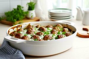 AI generated Casserole with white sauce and meatballs in a white ceramic form. Generative AI photo