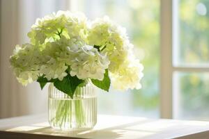 AI generated Beautiful summer bouquet of white hydrangeas in a vase. Generative AI photo