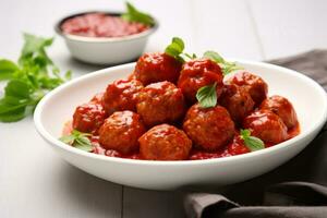 ai generado plato de sabroso albóndigas con tomate salsa. generativo ai foto