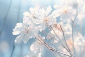 ai generado árbol rama con flores en un Nevado día. un invierno florecer con brillante escarcha. generativo ai foto