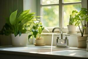 AI generated Sunlight shines on the sink from outside the window. Kitchen with a pot of green plants. Generative AI photo