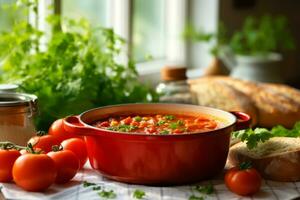 ai generado clásico hecho en casa tomate salsa con albahaca en el cacerola. generativo ai foto