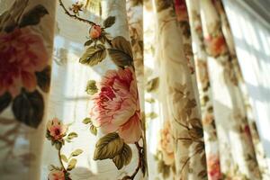 AI generated Floral patterned curtain on sunny light background . Generative AI photo