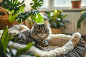 AI generated Interior of light living room with plants and cozy pet bed. Cute cat lying in pet bed. Generative AI photo