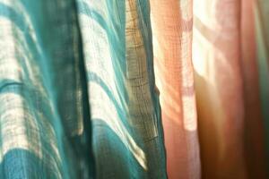 AI generated Closeup of a pastel colored curtain on sunny light background. Generative AI photo