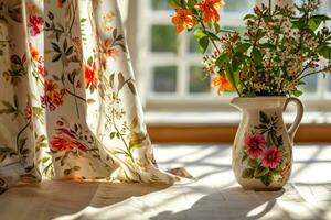 AI generated Floral patterned curtain and vase. Flowers in vase with light from window. Generative AI photo