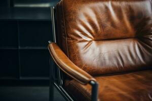 AI generated Vintage leather brown chair in a modern minimalistic interior. Generative AI photo